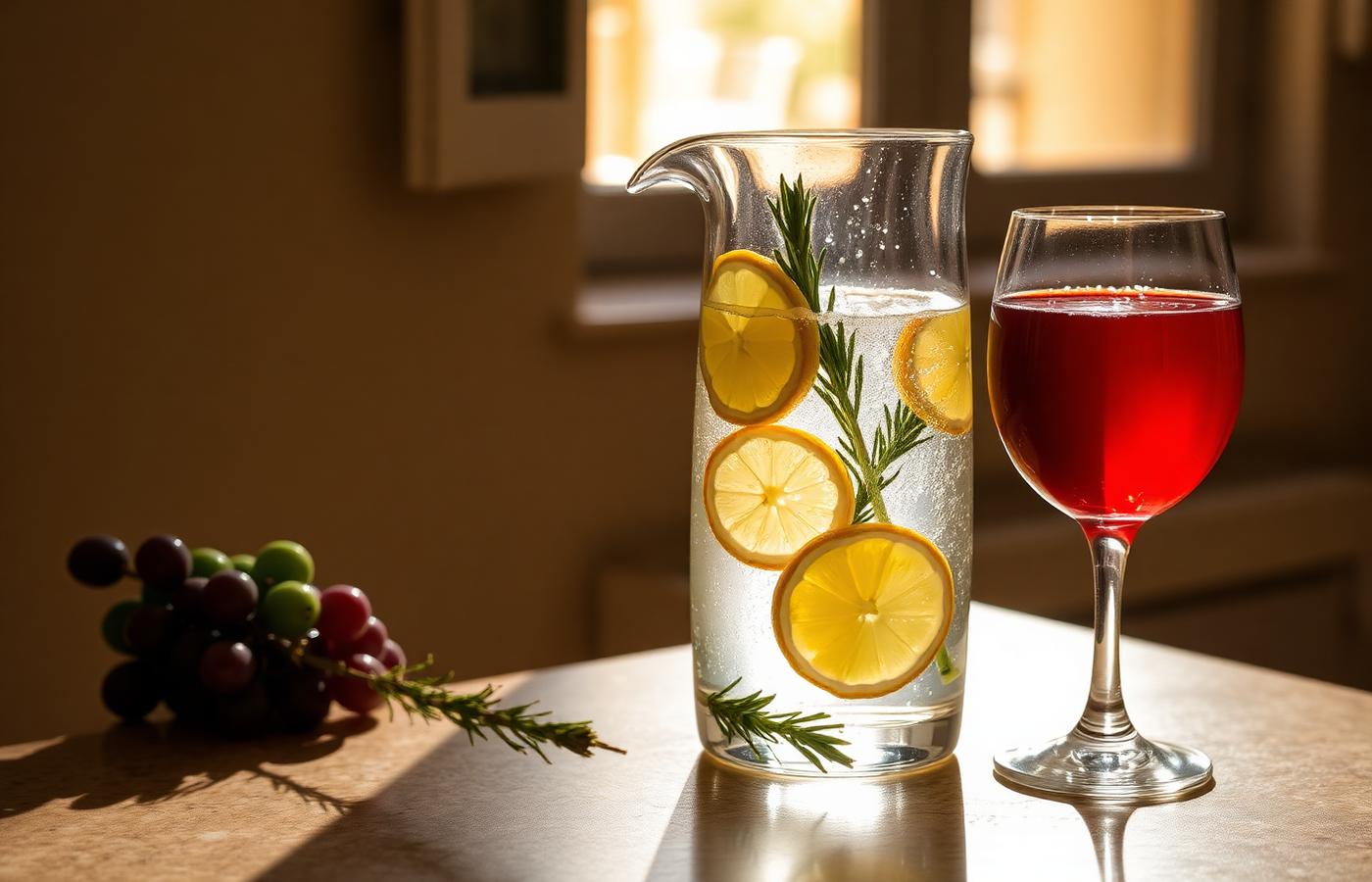 Jarra de agua con limón y romero junto a una copa de mosto