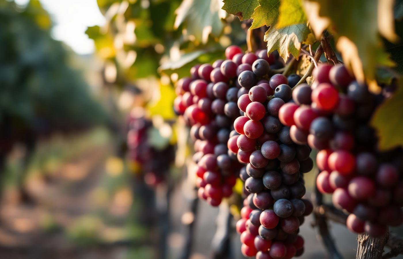 Racimo de uvas tintas en una viña al amanecer