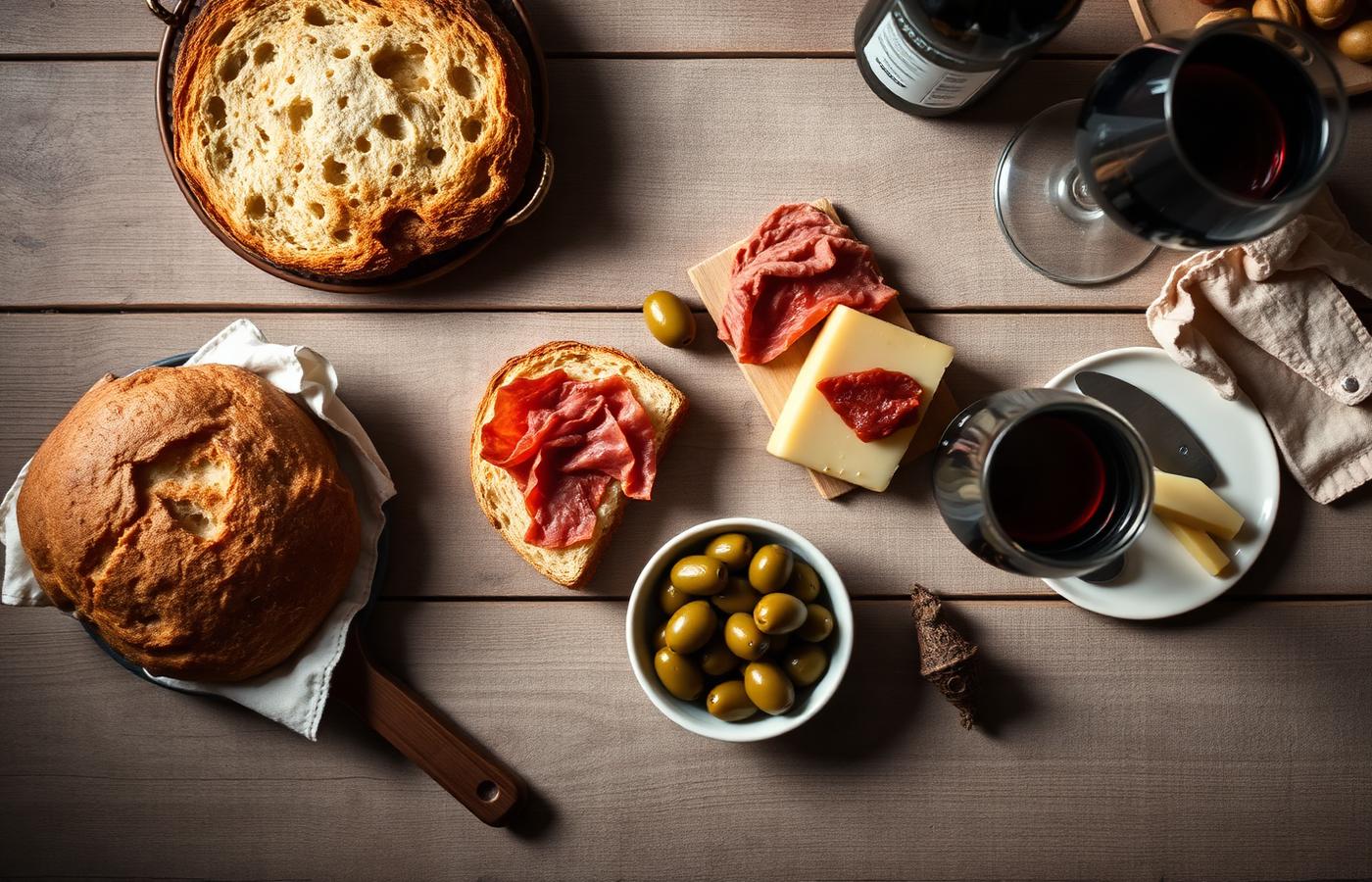 Mesa española con pan, jamón, queso, aceitunas y una copa de vino